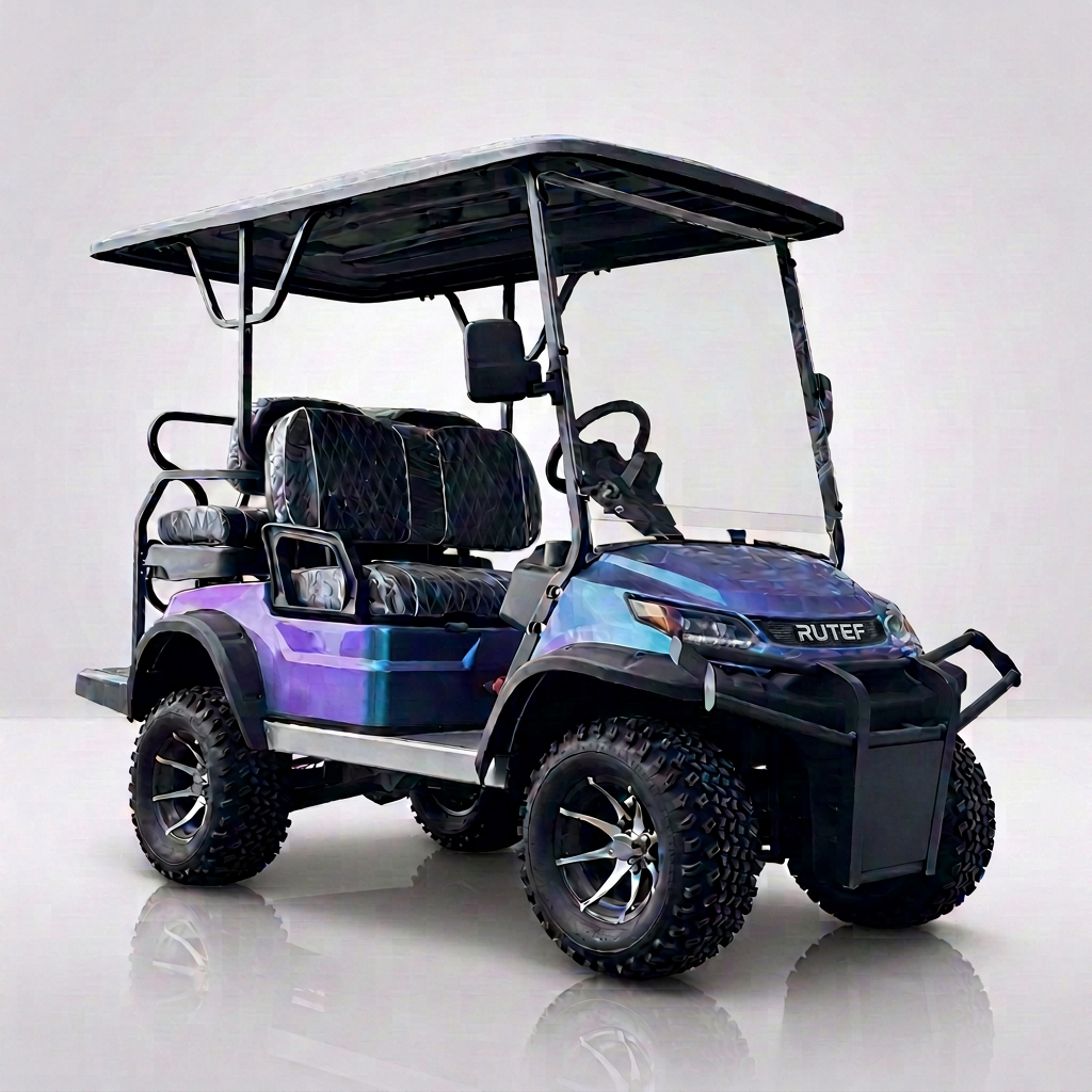 Iridescent purple and blue lifted four-seater golf cart with black quilted seats and off-road tires