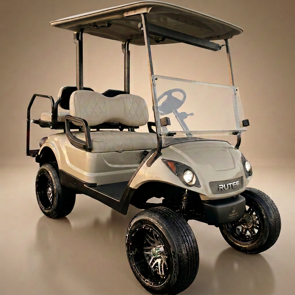 Beige lifted two-seater golf cart with black premium wheels and rear-facing seat
