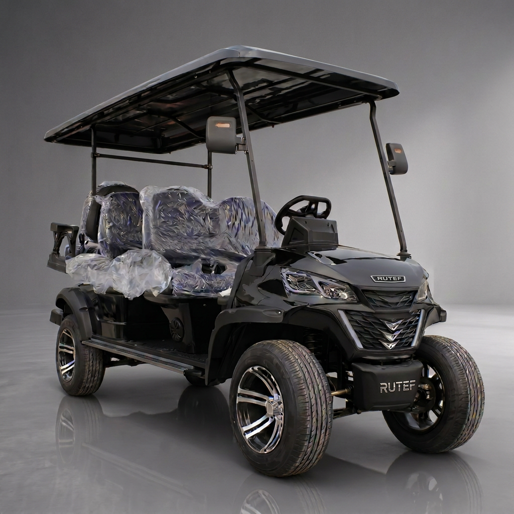 Glossy black six-seater golf cart with LED grille, aggressive front fascia, and black sport wheels