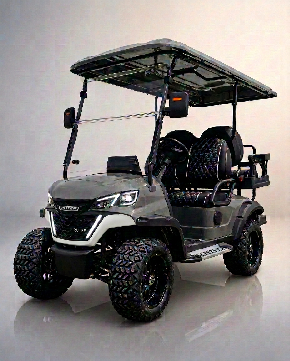 Gray lifted six-seater golf cart with LED grille, black diamond-stitched seats, and all-terrain tires in a studio setting