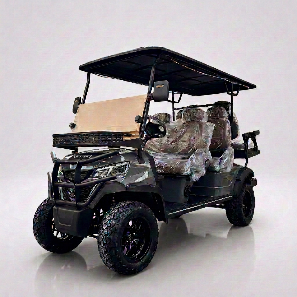 Dark gray camouflage lifted four-seater golf cart with black brush guard and front basket