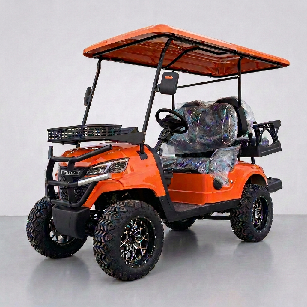 Bright orange lifted four-seater golf cart with black brush guard and front basket
