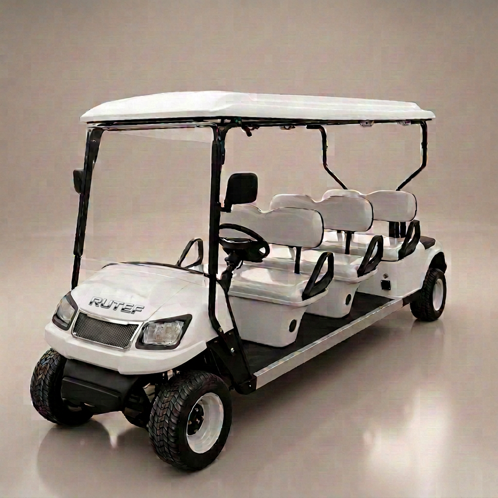 White stretched six-seater golf cart with white canopy and white seats