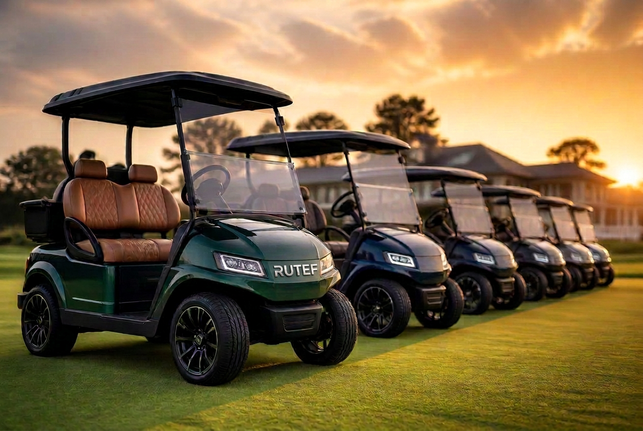 Rutef lineup of premium luxury electric golf carts on a manicured course at golden hour